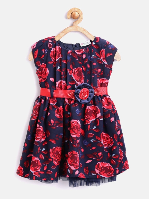 

Peppermint Girls Navy & Coral Red Printed Fit & Flare Dress, Navy blue