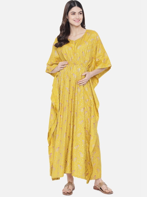 

Aujjessa Mustard Yellow Floral Foil Printed Maternity Feeding Kaftan