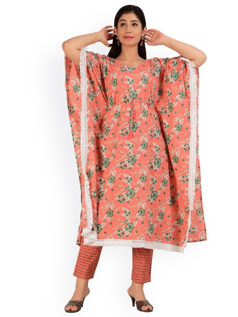 

KALINI Women Coral Printed Gotta Patti Pure Cotton Kaftan Kurta with Trousers