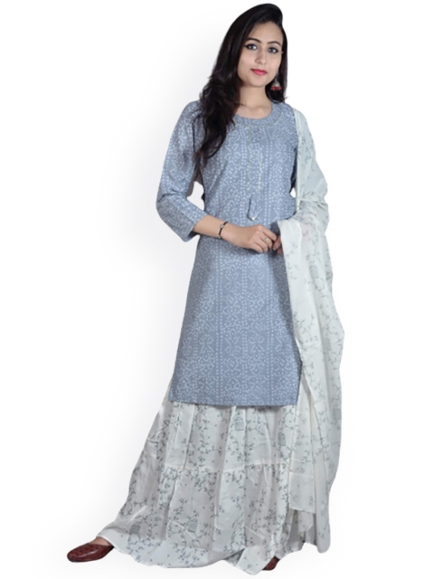 

KALINI Women Grey Floral Embroidered High Slit Kurta with Skirt & Dupatta