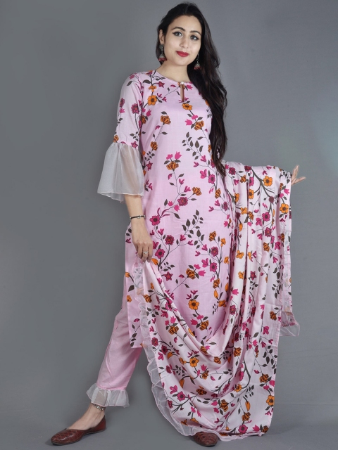 

KALINI Women Pink & Green Floral Printed Kurta with Trousers & Dupatta