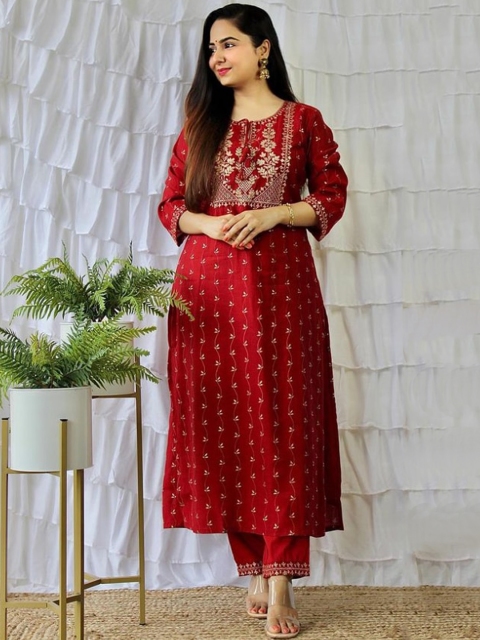

KALINI Women Red Floral Embroidered A-Line Kurta with Trouser Set
