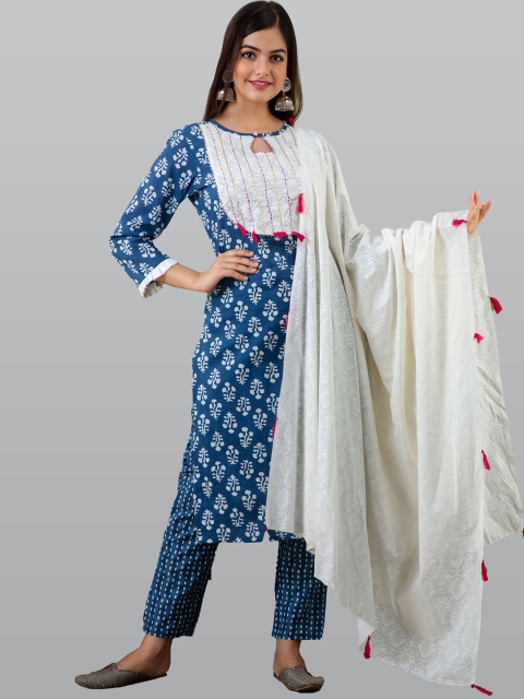 

KALINI Women Blue Floral Printed Pure Cotton Kurta with Trousers & With Dupatta