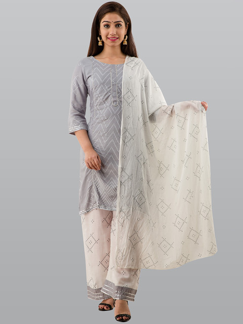 

KALINI Women Grey Bandhani Printed Gotta Patti Pure Cotton Kurta with Trousers & With Dupatta