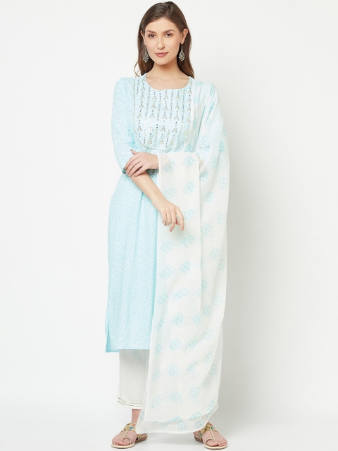 

KALINI Women Blue & White Ethnic Motifs Yoke Design Kurta with Trousers & Dupatta