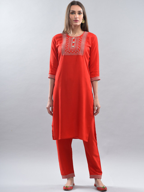 

KALINI Women Red Ethnic Motifs Yoke Design Kurti with Trousers
