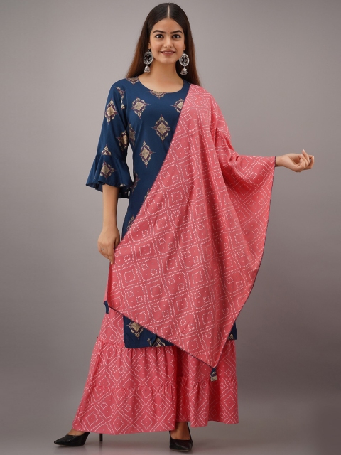 

KALINI Women Blue & Pink Ethnic Motifs Printed Kurta with Palazzos & Dupatta