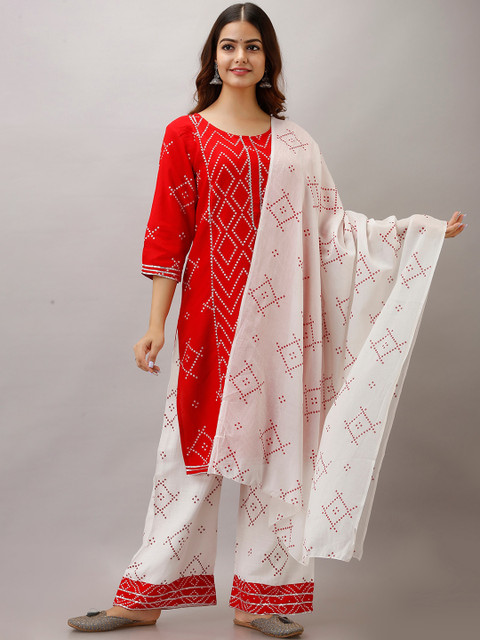 

KALINI Women Red Bandhani Printed Kurta with Palazzos & With Dupatta