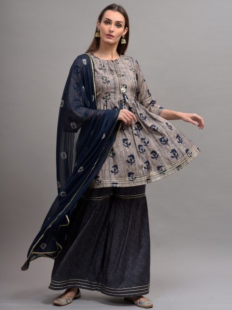 

KALINI Women Blue Embroidered Pleated Pure Cotton Kurta with Sharara & With Dupatta