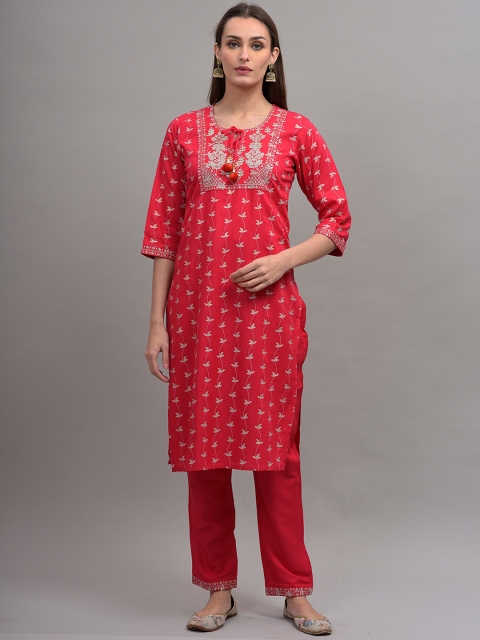 

KALINI Women Red Floral Embroidered Kurta with Trousers