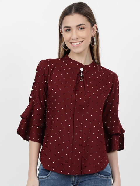 

V2 Value & Variety Maroon Print Mandarin Collar Shirt Style Top