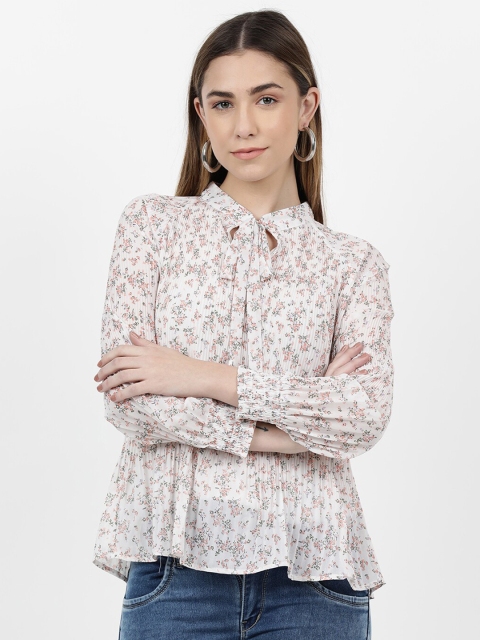 

V2 Value & Variety White Floral Print Tie-Up Neck Shirt Style Top