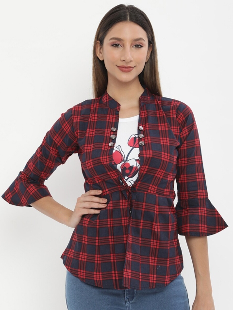 

V2 Value & Variety Red Checked Mandarin Collar Styled Back Top