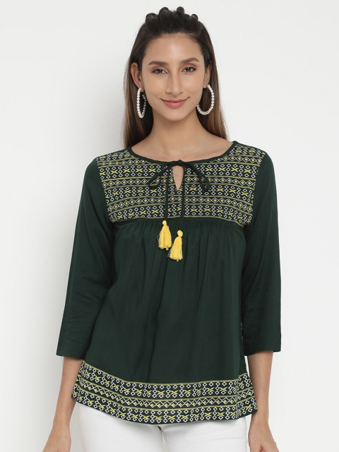 

V2 Value & Variety Green Print Tie-Up Neck Top