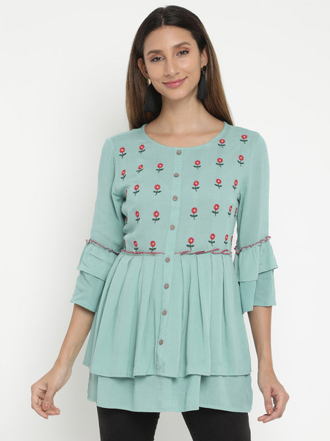 

V2 Value & Variety Green Floral Printed A-Line Top