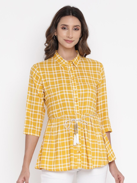 

V2 Value & Variety Mustard Yellow Checked Shirt Collar Regular Fit Top