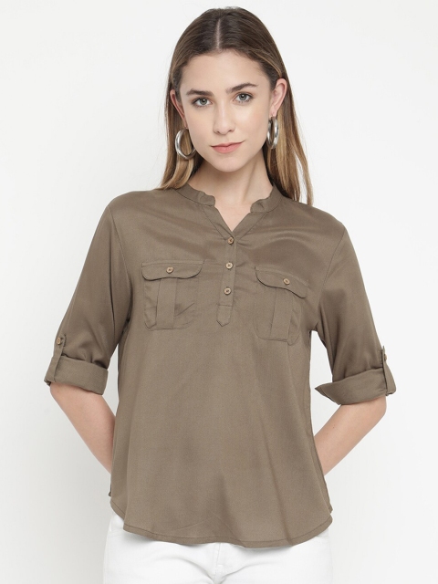 

V2 Value & Variety Olive Green Mandarin Collar Roll-Up Sleeves Shirt Style Top