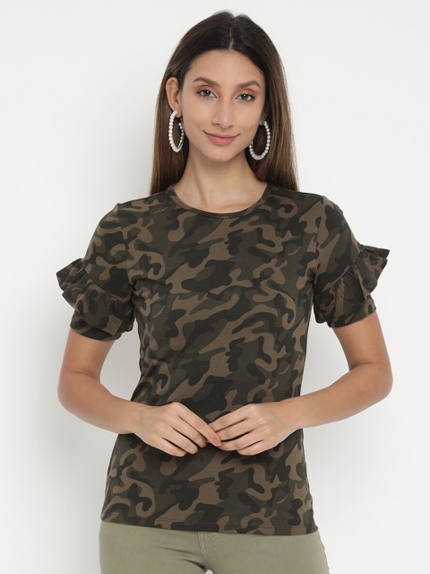 

V2 Value & Variety Olive Green Camouflage Print Pure Cotton Top
