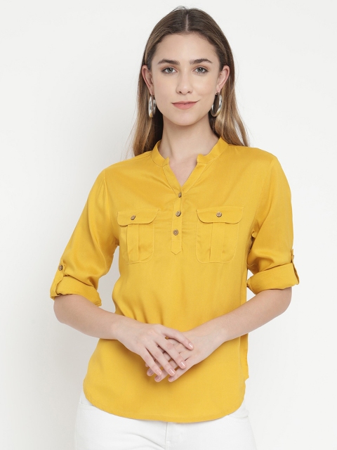 

V2 Value & Variety Mustard Yellow Mandarin Collar Roll-Up Sleeves Shirt Style Top