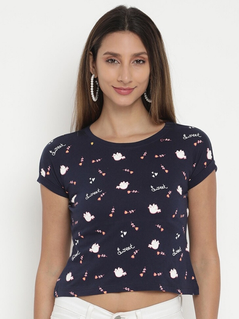 

V2 Value & Variety Women Navy Blue Graphic Printed Pure Cotton Crop Top