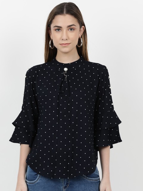 

V2 Value & Variety Navy Blue Print Tie-Up Neck Top