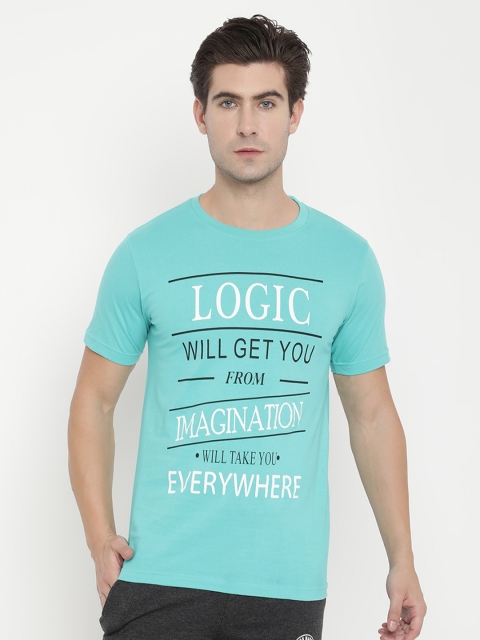 

V2 Value & Variety Men Turquoise Blue Typography Printed Raw Edge T-shirt