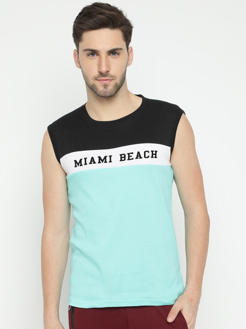 

V2 Value & Variety Men Turquoise Blue & Black Typography Print Cotton Regular Fit T-shirt