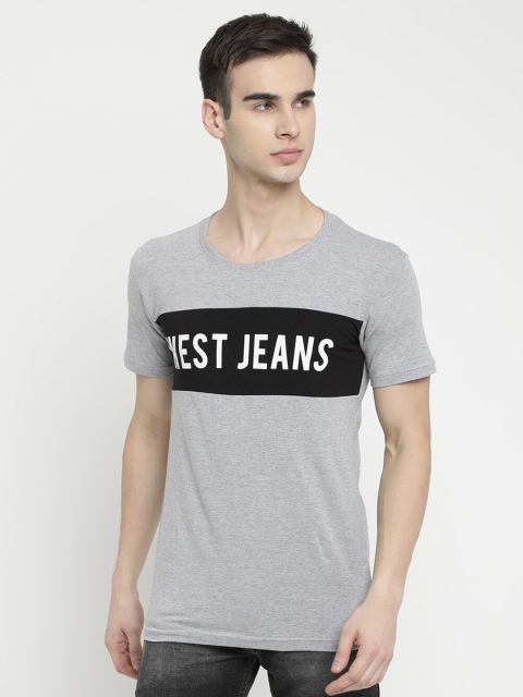 

V2 Value & Variety Men Grey Melange & Black Typography Printed Cotton T-shirt