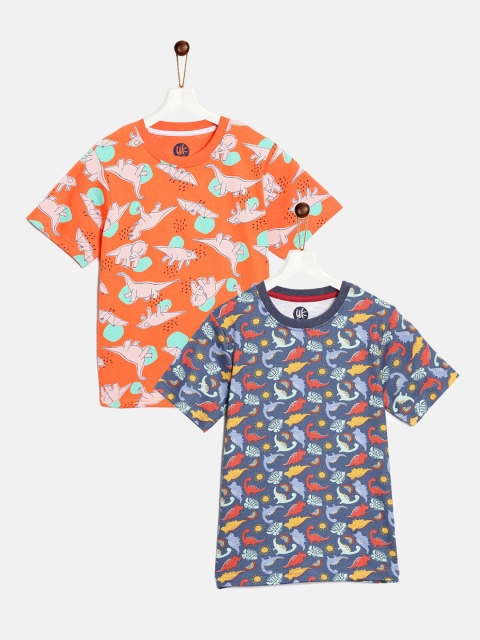 

YK Boys Orange & Blue Pack of 2 Printed Pure Cotton T-shirts