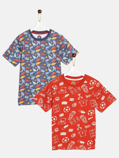 

YK Boys Pack of 2 Red & Blue Cotton Printed T-shirts