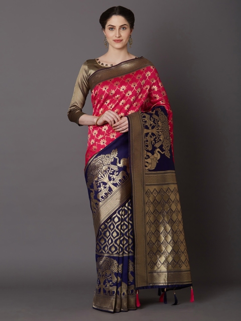 

Somras Pink & Navy Blue Woven Design Zari Silk Blend Fusion Kanjeevaram Saree
