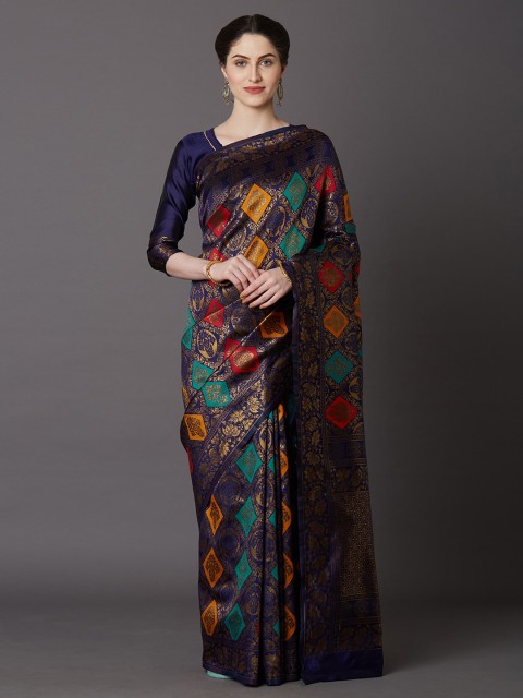 

Somras Navy Blue & Gold-Toned Ethnic Motifs Zari Silk Blend Kanjeevaram Saree