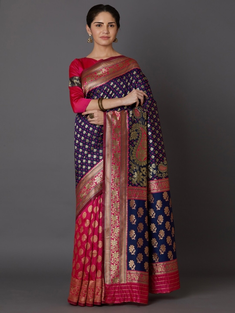 

Somras Blue & Magenta Ethnic Motifs Zari Silk Blend Fusion Kanjeevaram Saree