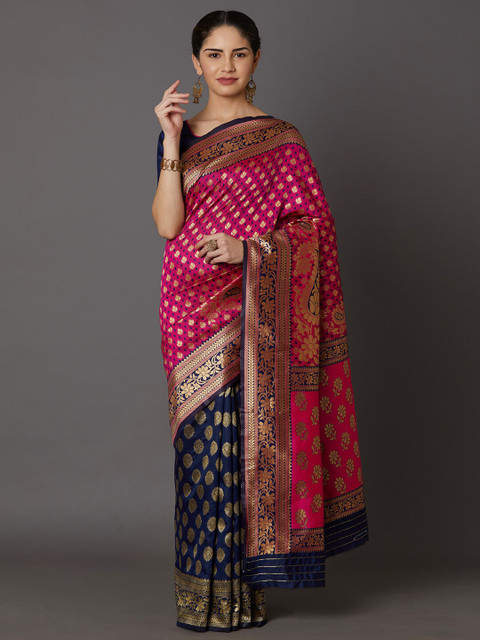 

Somras Pink & Gold-Toned Ethnic Motifs Zari Silk Blend Fusion Kanjeevaram Saree
