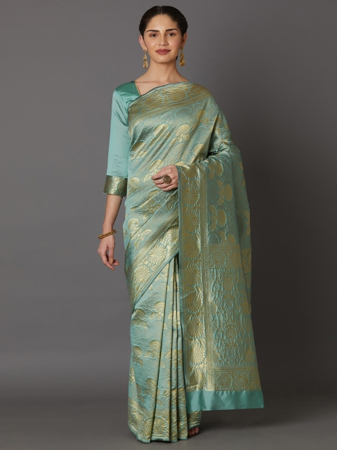 

Somras Teal & Gold-Toned Woven Design Zari Silk Blend Fusion Kanjeevaram Saree
