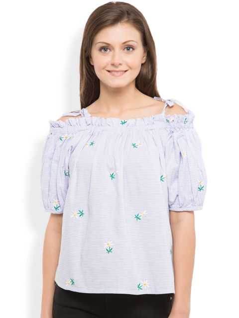 

Tokyo Talkies Women White & Blue Striped & Embroidered Top