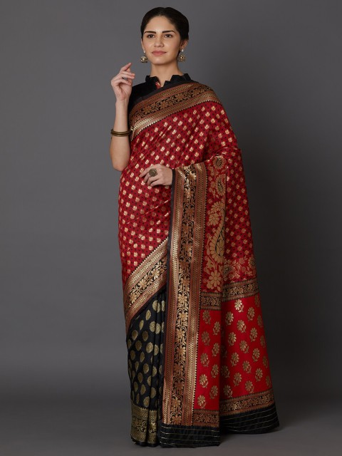 

Somras Red & Black Ethnic Motifs Zari Silk Blend Kanjeevaram Saree
