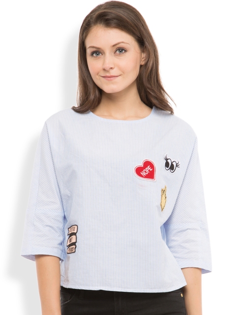 

Tokyo Talkies Women White & Blue Striped Boxy Top