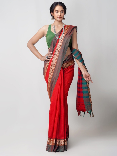 

Unnati Silks Red & Gold-Toned Pure Cotton Handloom Sustainable Narayan Peth Saree