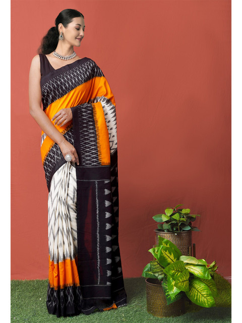 

Unnati Silks Cream-Coloured & Black Pure Cotton Pochampally Saree