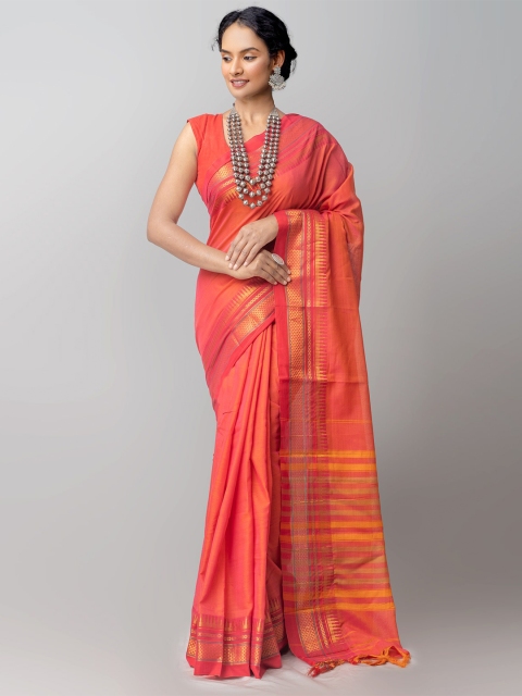 

Unnati Silks Orange & Pink Pure Cotton Handloom Sustainable Narayan Peth Saree