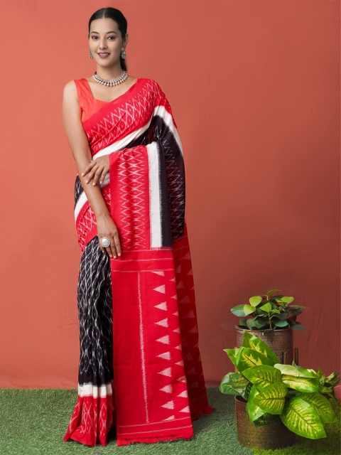 

Unnati Silks Black & Red Pure Cotton Pochampally Saree