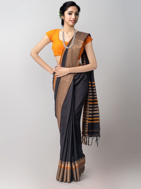 

Unnati Silks Black & Orange Woven Design Pure Cotton Kanjeevaram Saree