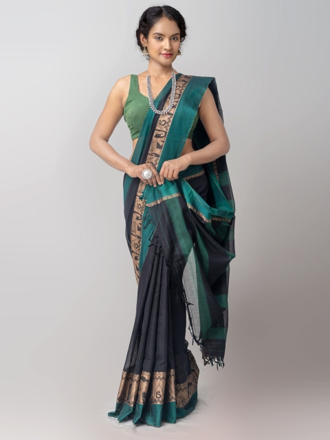 

Unnati Silks Black & Teal Woven Design Pure Cotton Narayan Peth Saree