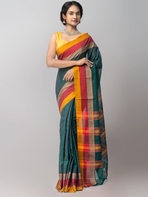 

Unnati Silks Green & Maroon Ethnic Motifs Zari Pure Cotton Chettinad Saree