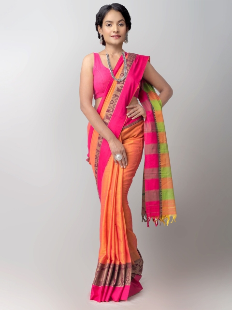 

Unnati Silks Orange & Pink Pure Cotton Handloom Sustainable Narayan Peth Saree