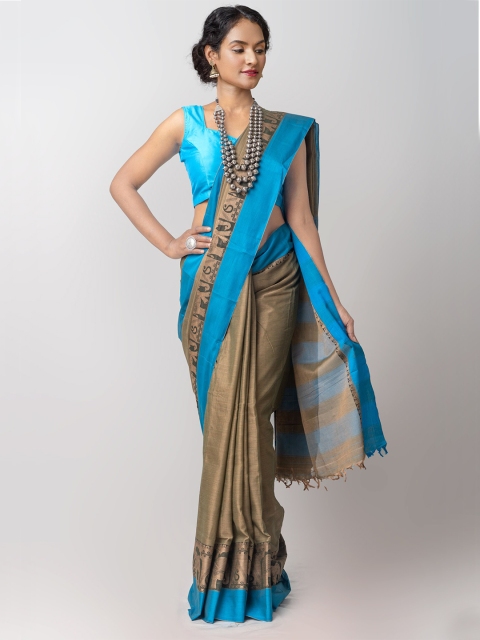 

Unnati Silks Brown & Blue Woven Design Pure Cotton Handloom Sustainable Narayan Peth Saree