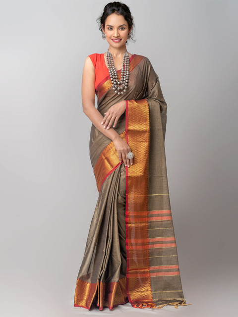 

Unnati Silks Brown & Red Pure Cotton Handloom Sustainable Narayan Peth Saree