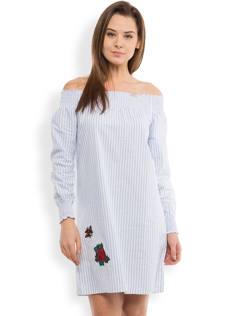 

Tokyo Talkies Women White & Blue Striped Off-Shoulder Dress