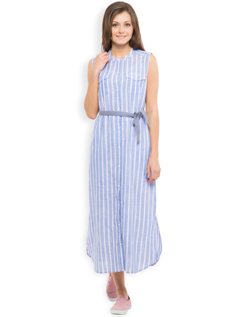 

Tokyo Talkies Women Blue & White Striped Midi Shirt Dress